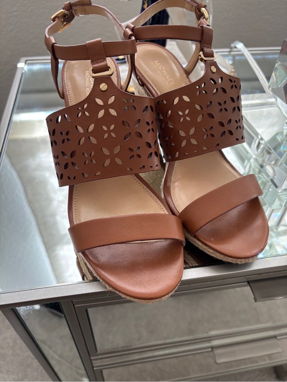 Michael Kors Tan Laser-Cut Leather Wedge Sandals - Picture 3 of 10